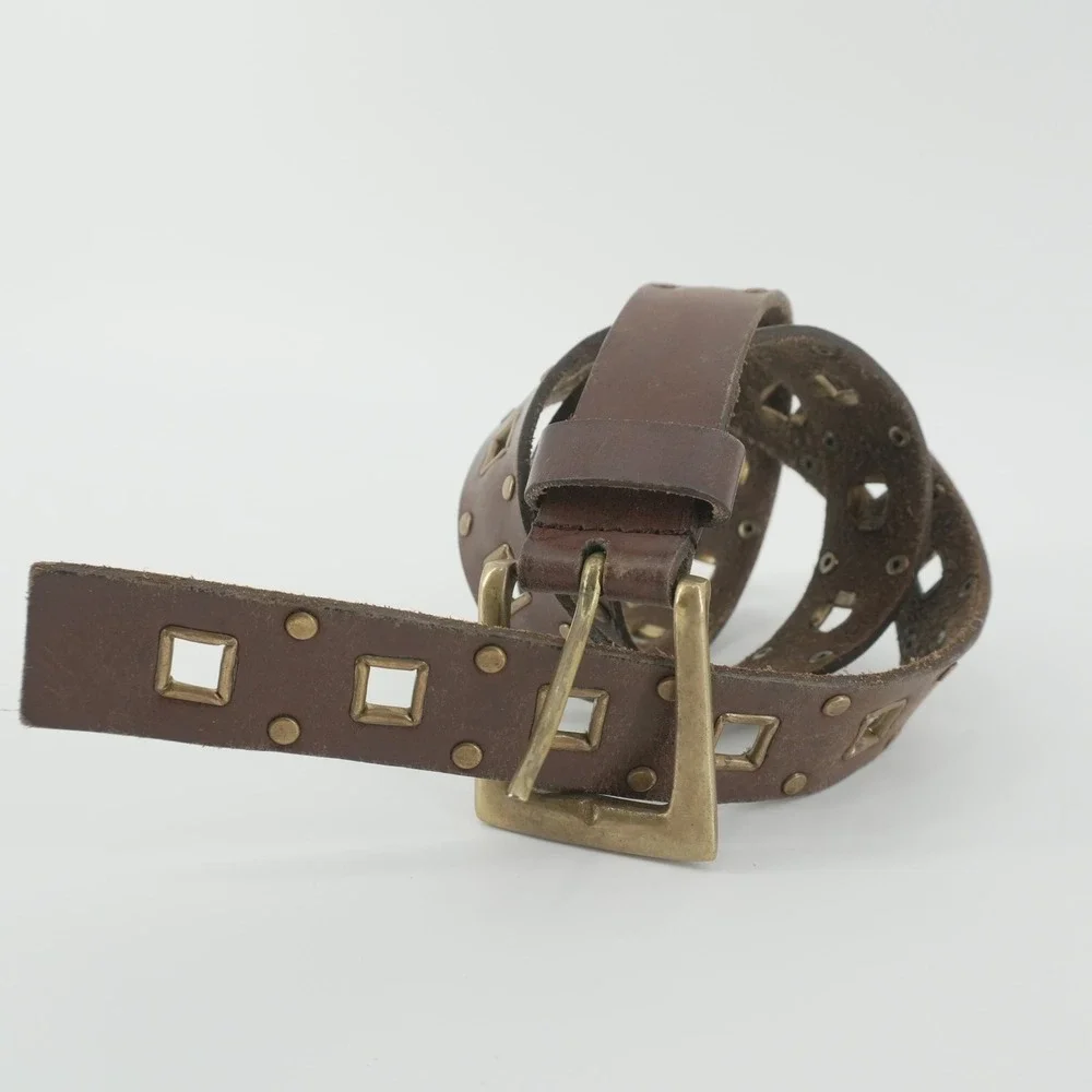 Studded Leather Belt Women 32-34 Brown Square Grommet Solid Brass Buckle